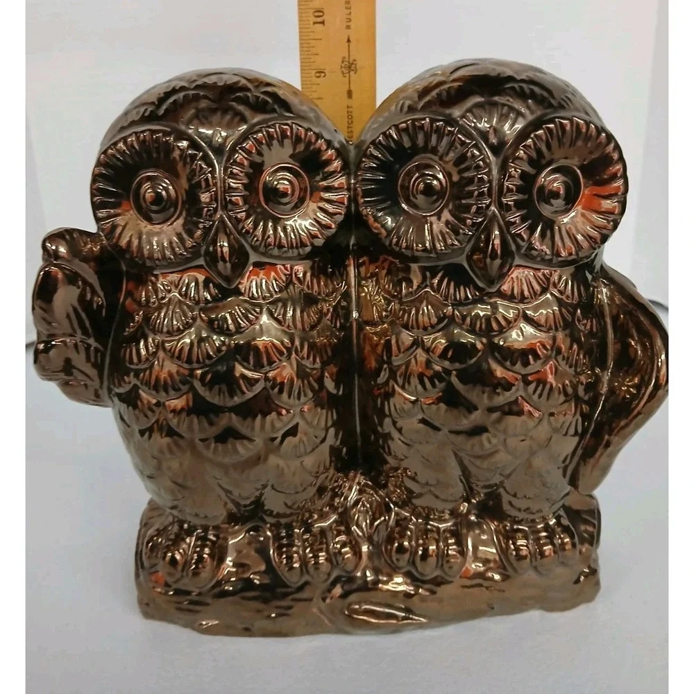 1950s Vintage Owls on a log Shelf Sitter Bronze Color Art MCM Ceramic 9.5 #107B5